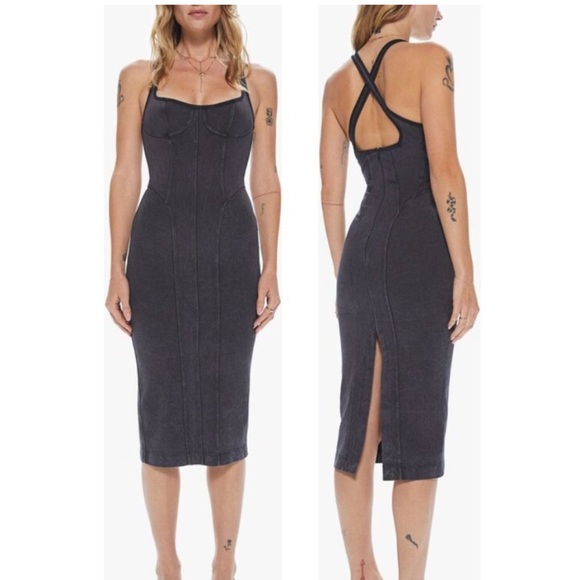 Noam Dress Anouk Black Grey Cross Back Corset Midi Bodycon Cocktail Revolve XS - Picture 1 of 4